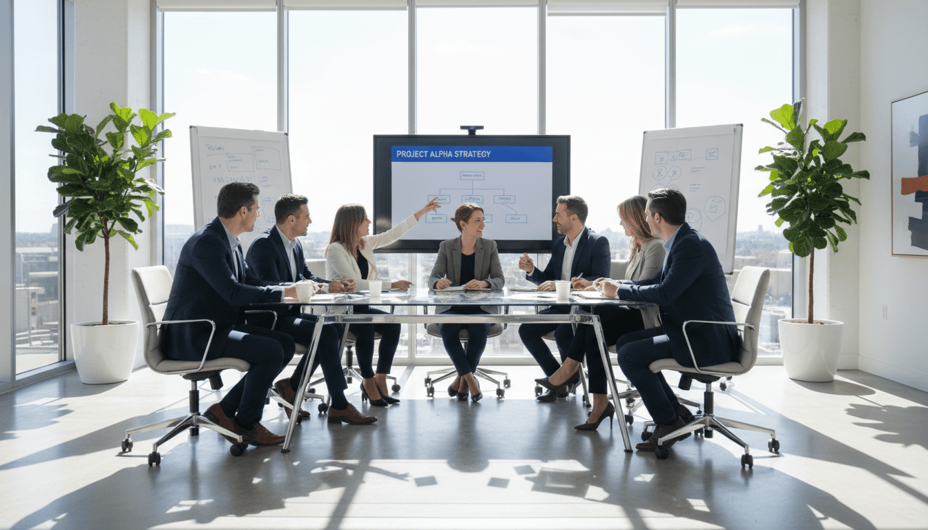 Diverse team collaborating in a modern office meeting