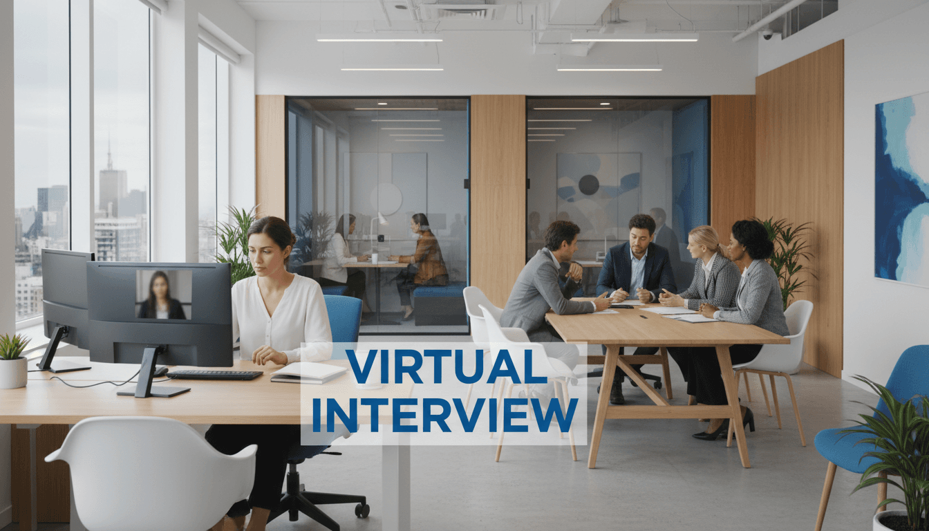 Professional recruiting team working together at modern office desk with laptops