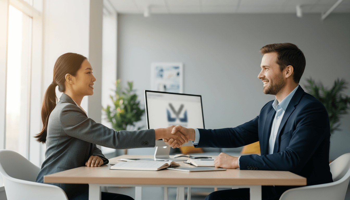 Two business professionals shaking hands after successful hiring agreement