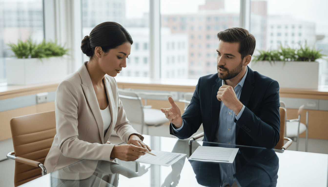Professional meeting between recruiter and hiring manager in a modern office environment